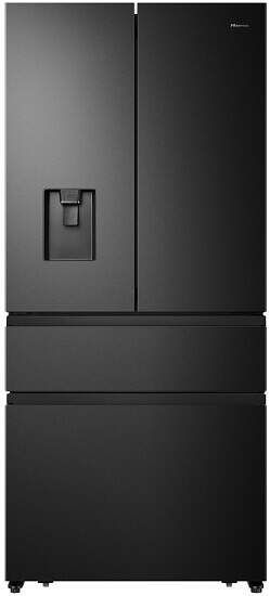Musta värvi Hisense side-by-side külmik, millel on NoFrost tehnoloogia, 480 liitrine maht ja kõrgus on 182 cm. Ees on veedosaator.