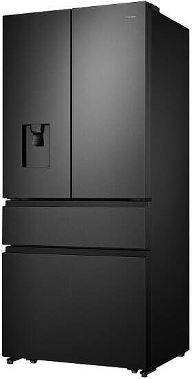 Side-by-side Hisense külmik, NoFrost tehnoloogiaga, mahutavus 480 L, kõrgusega 182 cm, musta värvi.