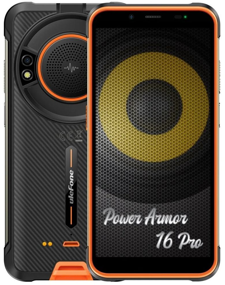 Vastupidav Ulefone Power Armor 16 Pro nutitelefon oranži aktsentidega, 4GB+64GB, sõjaväe tase kaitse ja sisseehitatud kõlar.