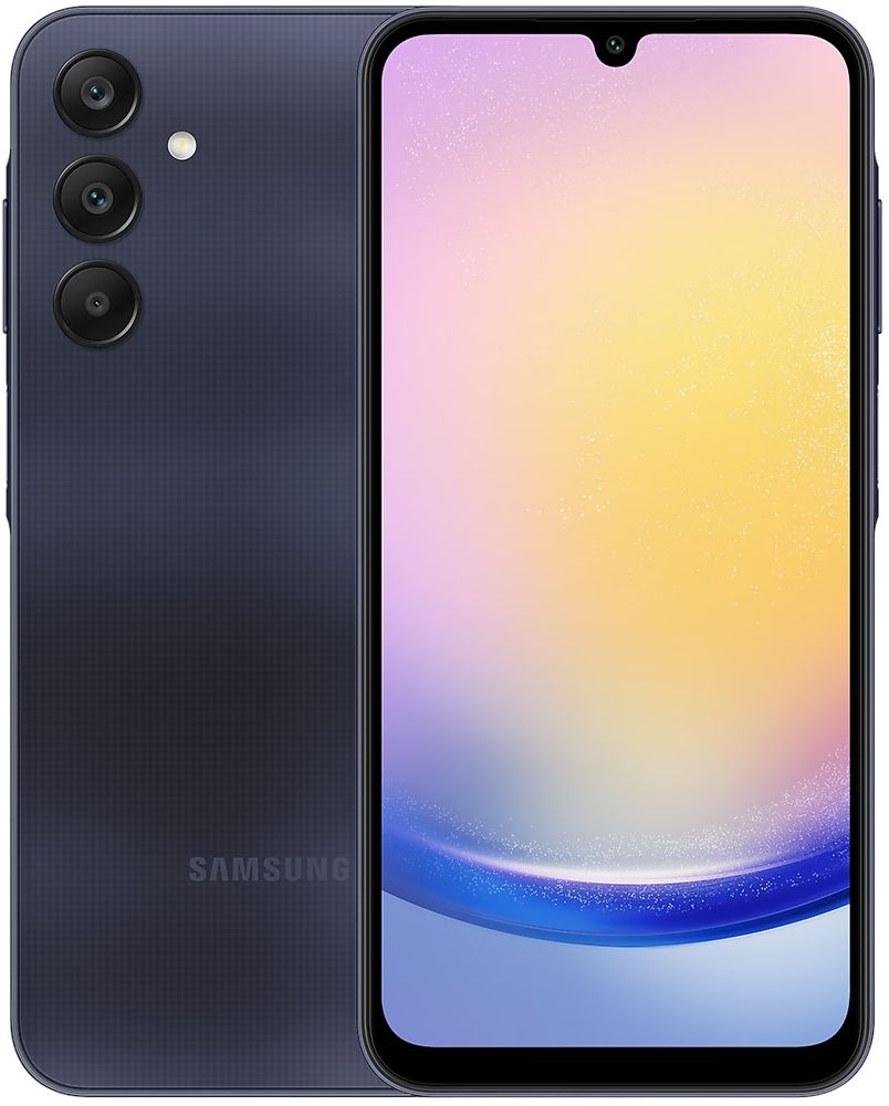 Nutitelefon Samsung Galaxy A25 5G, 8+256GB, värvi must. Telefonil on suur servast-servani ekraan koos tilk-kujulise kaameraväljalõikega ja kolmekordne tagakaamera.