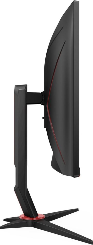 Elegantne 27-tolline AOC CQ27G2S/BK mängumonitor, kaldus disain, must punaste detailidega, reguleeritava kõrguse ja kallutatavusega jalaga.
