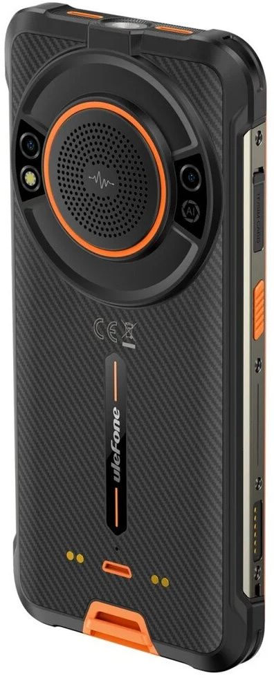 Vastupidav Ulefone Power Armor 16 Pro nutitelefon, 4GB RAM + 64GB mälu, oranžide detailidega must korpuse disain, sisseehitatud kõlariga.