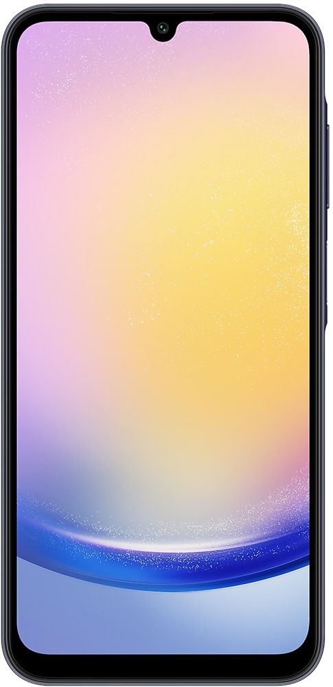 Nutitelefon Samsung Galaxy A25 5G, 8+256GB, gradientne taust, must raam ja alumine osa, äärest-ääreni ekraan koos pisara kujulise esikaameraga.