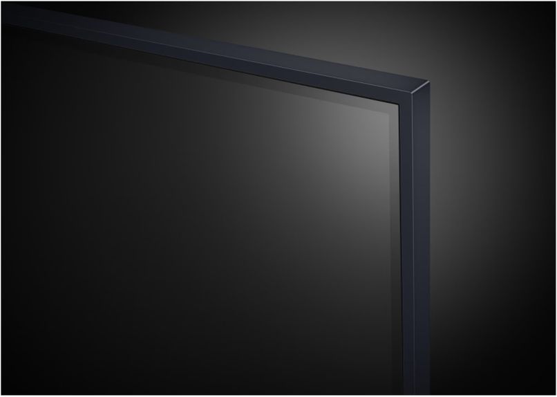 Musta värvi LG 65-tolline 4K Smart TV, mudel 65UT91003LA, minimalistliku disainiga ja kitsaste äärtega.