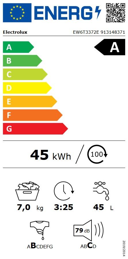 Electrolux pesumasin energiamärgis, efektiivsusklass A, 45 kWh/100 tsüklit, mahutavus 7 kg, müratase 79 dB, veekulu 45 L, tsükli kestus 3:25.