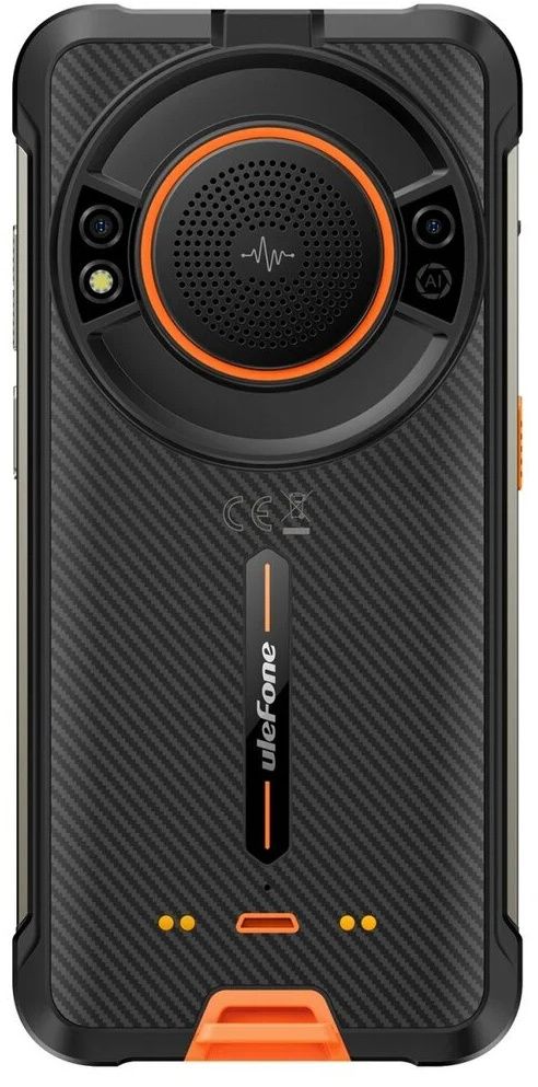 Nutitelefon Ulefone Power Armor 16 Pro, 4+64GB, mustas karastatud korpuses oranžide aktsentidega, vastupidav ja löögikindel disain.