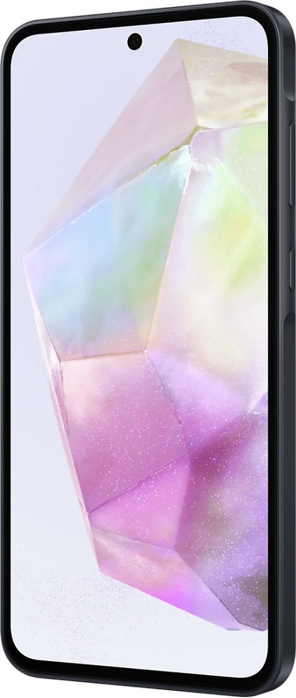 Nutitelefon Samsung Galaxy A35, 6+128GB, must. Ekraaniga, mis katkestab vaid väikse kaamerapaigutusega. Erksavärviline ja gradientne taust.