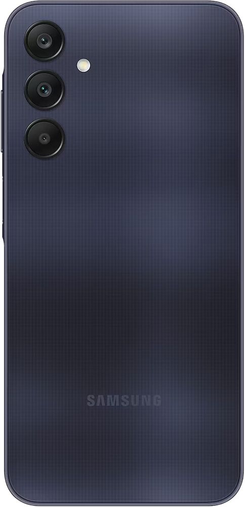 Samsung Galaxy A25 5G nutitelefon, 8+256GB, stiilne must värvus, kolme kaameraga tagaküljel ja kaubamärgi logo allservas.
