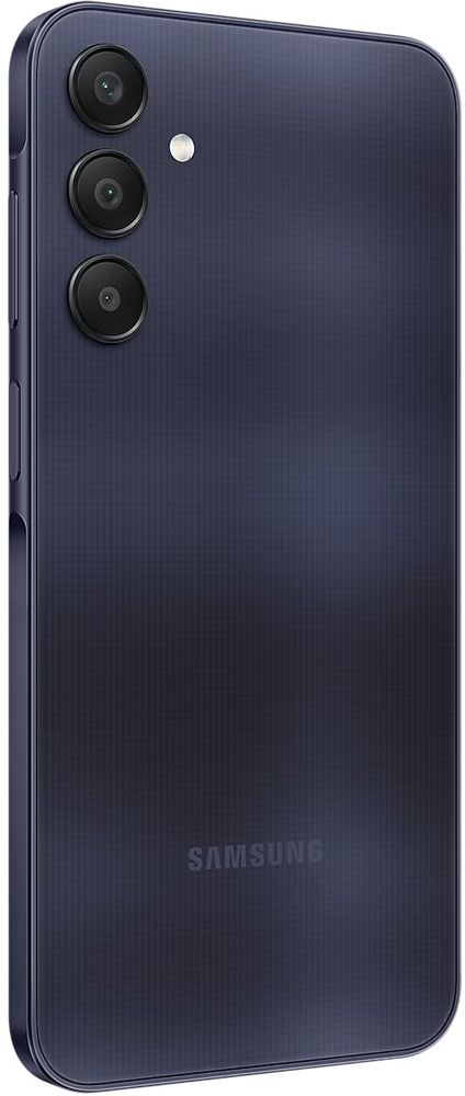 Samsung Galaxy A25 5G nutitelefon, 8+256GB, elegantne must värv, tagaosa kaamerasüsteem kolme objektiiviga. Kaasaegse disaini ja vertikaalse joonemustriga tagakülg.