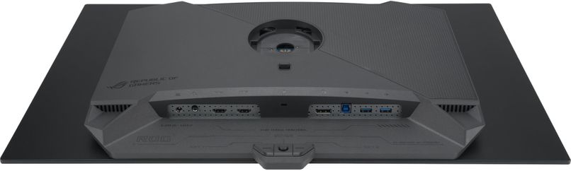 Musta värvi ASUS ROG Swift PG27AQDM 26.5 tolline WQHD monitori alus, nähtavad on liitmikud ja kinnitussüsteem.