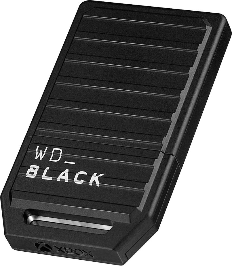 Musta värvi WD Black 1TB laienduskaart Xbox Series X|S konsoolidele, mõõtmetega sobiv kasutatud mängukonsooli mälumahu suurendamiseks.