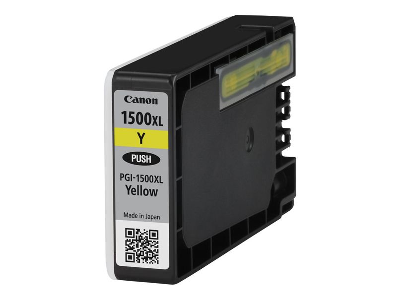 Canon PGI-1500XL kollane tintkassett, suur tootlikkus, kasutatud musta plastkorpusega, tähtsate tooteinfoga etiketid - mudel, värv ja bränd.
