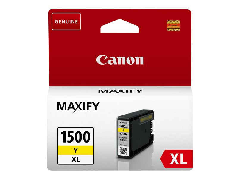 Canon PGI-1500XL kollase tindi kassett, XL suurus, kasutatud MAXIFY printeritele, pakendatud punase ja valge kujundusega karpi.