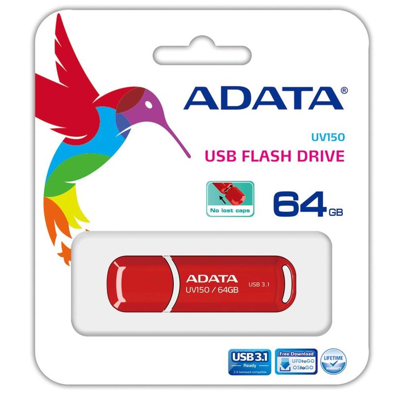 ADATA mälupulk, 64GB, USB 3.1, punane, pakendatud blisterpakendisse koos koolibri kujutisega.