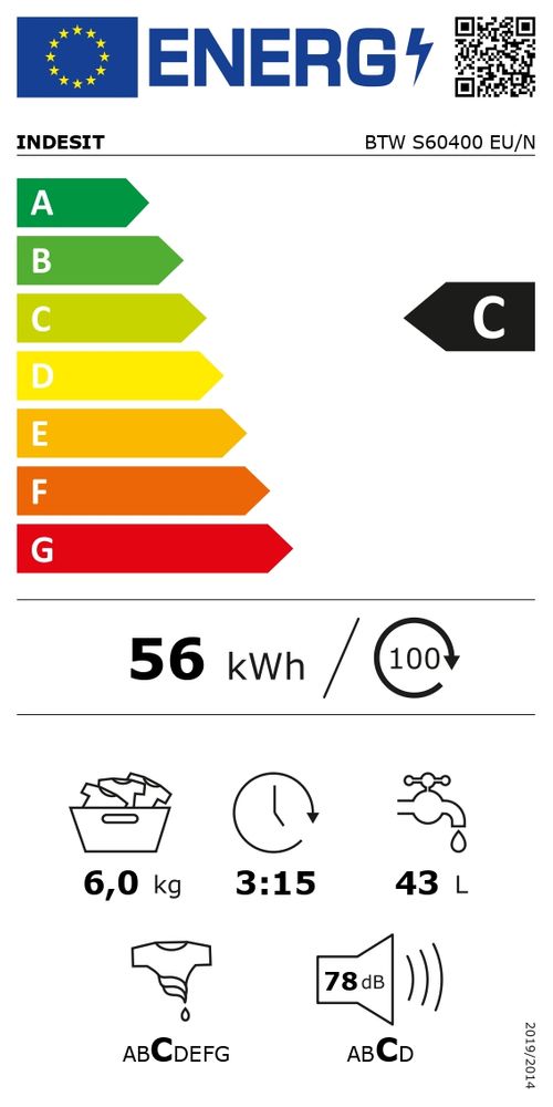 Energiatõhususe klassi C silt INDESIT pesumasinale BTW S60400 EU/N, pesukogusega 6 kg. Aastane energiakulu 56 kWh/100 pesutsüklit, müratase 78 dB. Pesumasina pesumaht on 43 liitrit ja pesutsükli kestus on 3:15.
