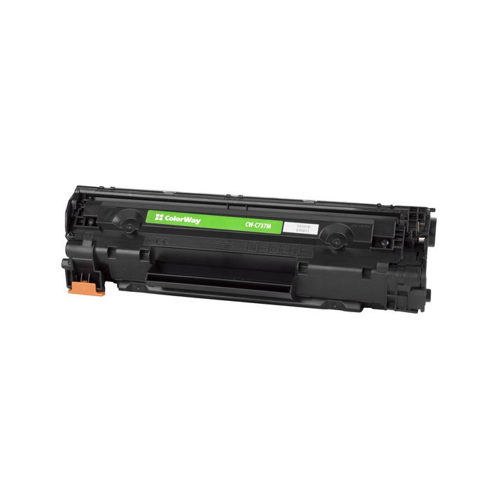 Tooner ColorWay CW-C737EU, värvus must. Standardse suurusega printerikassett, millel on roheline rullik ja oranžid detailid.
