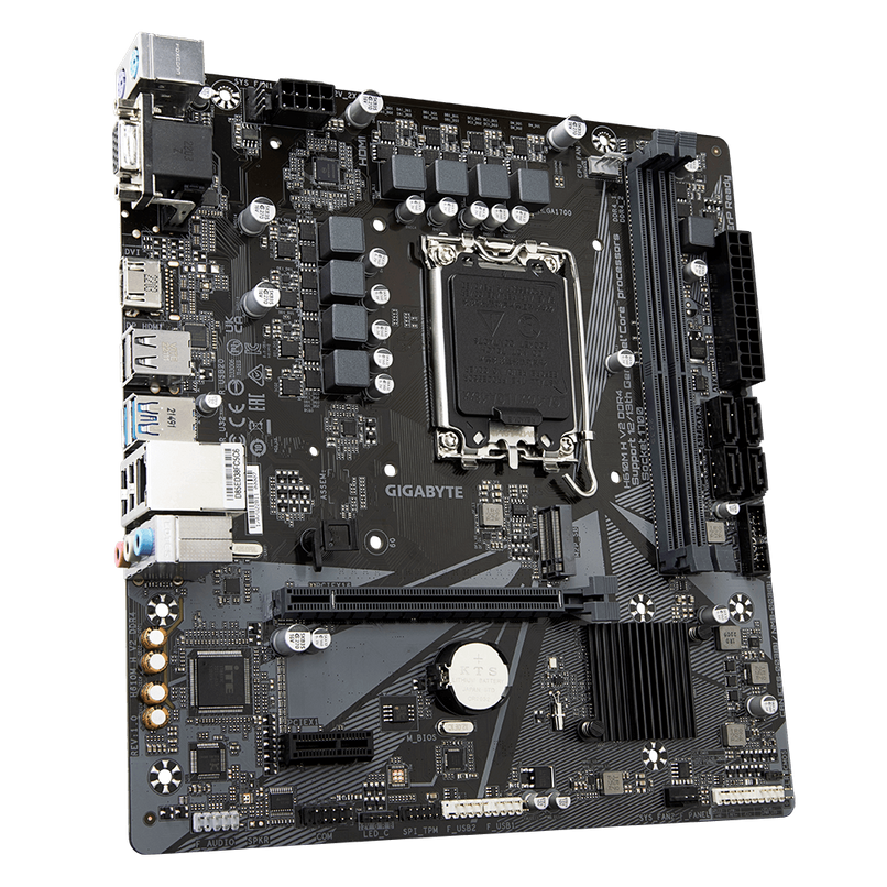 Musta värvi Gigabyte H610M H V2 G1.0 emaplaat, millel on DDR4 mälupesad, PCI Express pesad ja mitu USB-liidest.