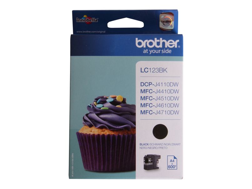 Brother LC123BK printeri musta tindi kassett pakendis. Pakendil on Brother logo, toote sobivus erinevate printerimudelitega ja tindikasseti pilt. Värvus: peamiselt sinine ja valge, must kasseti pilt.