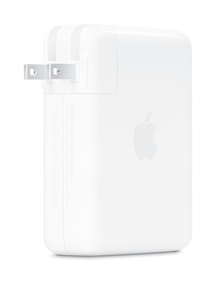 Valge Apple 140W USB-C Power Adapter sülearvuti laadija, EU pistikuga, kompaktne disain ja Apple logo peal.