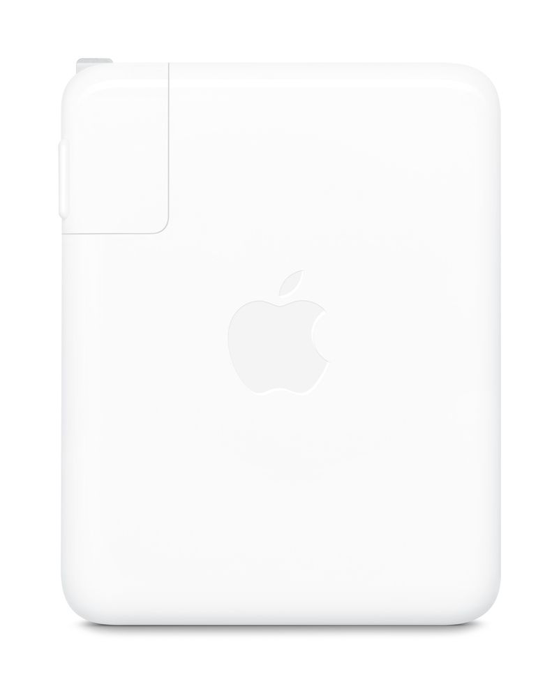 Valge sülearvuti laadija Apple 140W USB-C Power Adapter, minimalistlik disain, ühe USB-C pordiga.