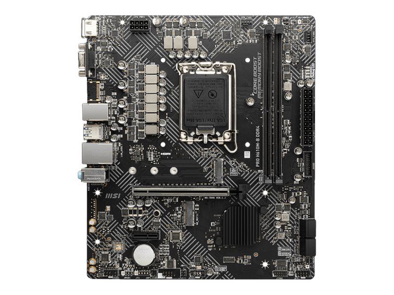 Musta värvi MSI PRO H610M-G emaplaat, mõõtmetega 244 x 244 mm Micro-ATX formaadis, koos LGA 1700 protsessoripesa, DDR4 mälupesade ja PCIe laienduspesadega.