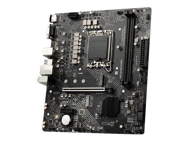 Kasutatud MSI PRO H610M-G emaplaat, musta värvi, LGA 1700 sokkel, DDR4 mälu pesad, PCI Express pesad, tagapaneelil USB ja HDMI port