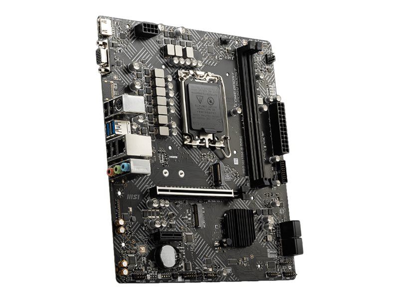 Musta värvi kasutatud MSI PRO H610M-G emaplaat, millel on LGA 1700 sokkel, DDR4 mälupesad ja PCI Express laienduspesad.