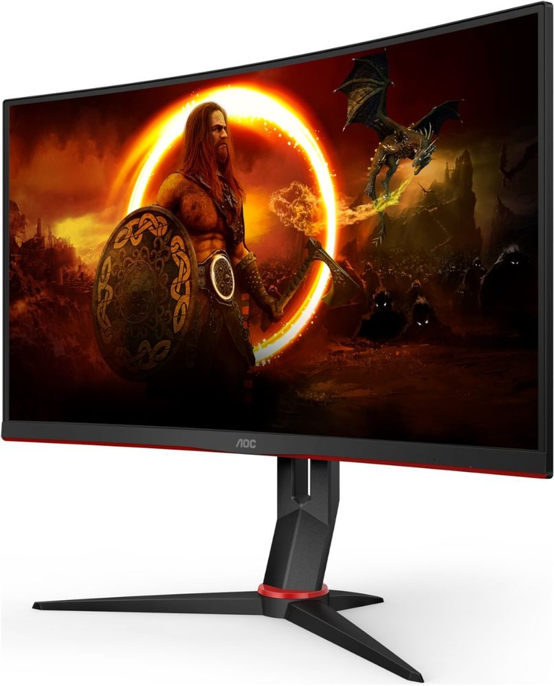 AOC CQ27G2S/BK 27-tolline kumer monitor, millel on elav värvide näit ja mänguritele suunatud disain, musta ja punase värvikombinatsioon.