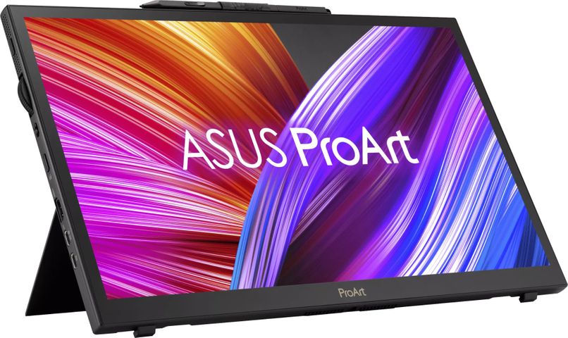 15.6-tolline ASUS ProArt PA169CDV Pen Display monitor, millel on reguleeritav alus ja puutepliiatsi tugi. Monitor on musta värvi ning sellel on mitmevärviline ekraanilogo.
