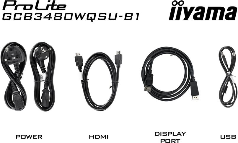 IIYAMA ProLite GCB3480WQSU-B1 34-tollise monitori kaablid, sisaldab toitejuhet, HDMI, DisplayPort ja USB kaablit.