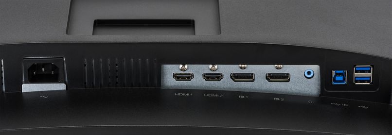 Musta värvi IIYAMA GCB3480WQSU-B1 34-tollise kõvera VA-ekraaniga monitor, varustatud erinevate liitmikega, sealhulgas HDMI, DisplayPort ja USB portidega.