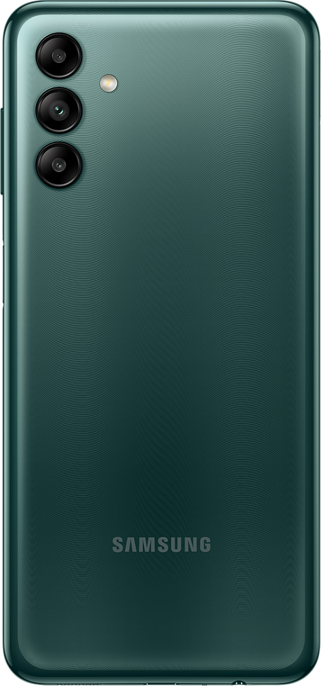 Samsung Galaxy A04s nutitelefon, 3+32GB, roheline - elegantne disain, kolmekordne tagakaamera, sõrmejäljelugeja tagaküljel ja SAMSUNG logo alumisel poole.