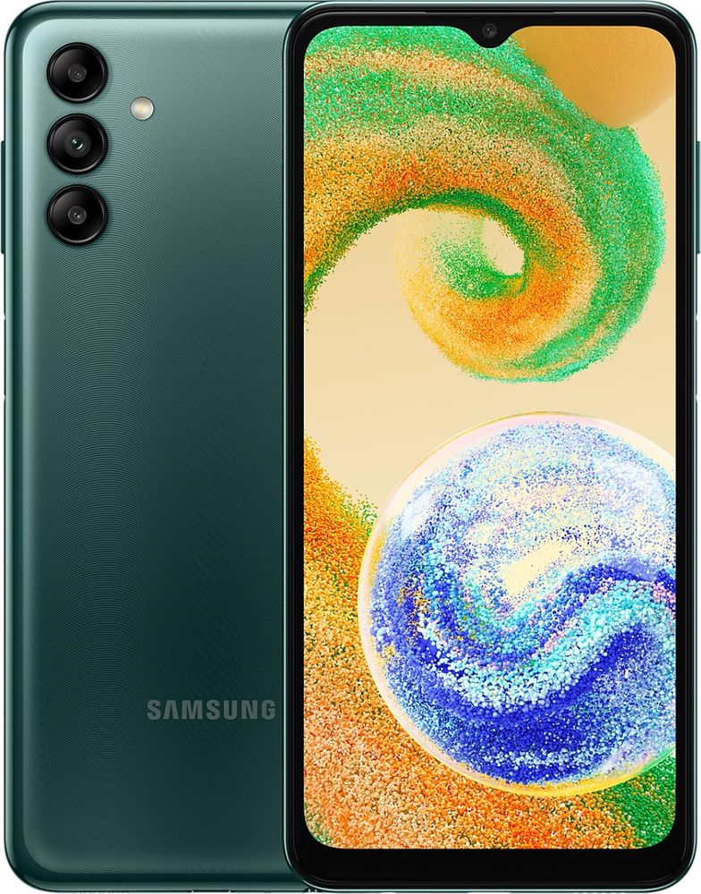 Samsung Galaxy A04s nutitelefon, 3+32GB, rohelises värvitoonis, kolmekordse tagakaamera süsteemiga ja Infinity-V ekraaniga.