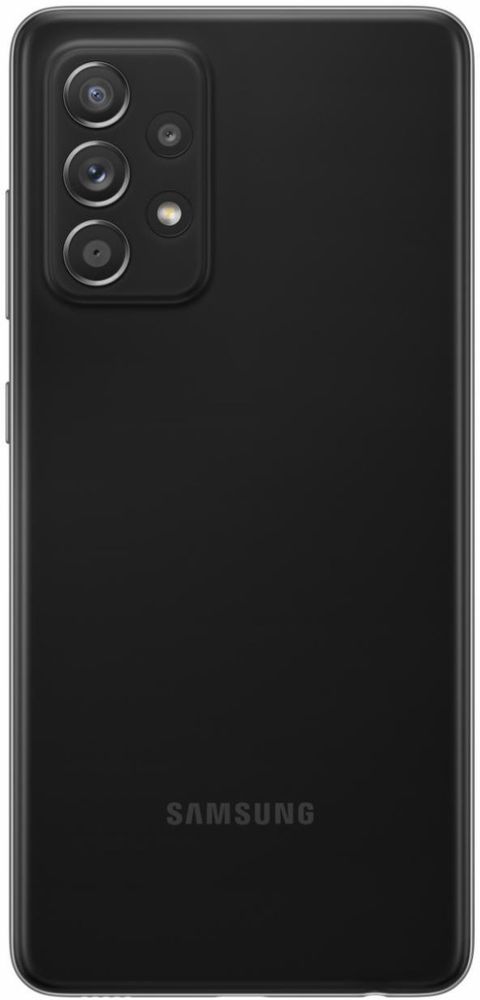 Samsung Galaxy A52 5G nutitelefon, 128GB, kasutatud, musta värvi tagaküljega ja neli kaamerat nelinurkses paigutuses.