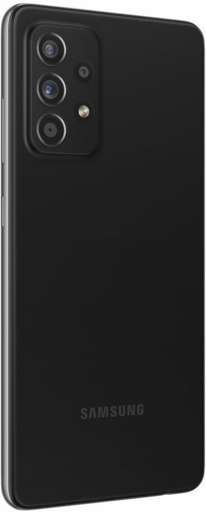 Samsung Galaxy A52 5G nutitelefon, 128GB, must - kasutatud. Nelja tagumise kaameraga ja Samsungi logoga.