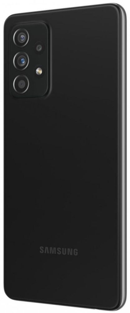 Musta värvi Samsung Galaxy A52 5G nutitelefon, 128GB mälu, tagaküljel neli kaamerat koos LED-välguga.