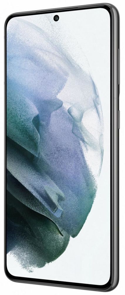 Samsung Galaxy S21 5G nutitelefon, 8GB RAM, 256GB salvestusruumi, hall värvus ja elegantne disain koos täisekraani kuva ja väikese esikaamera auguga.