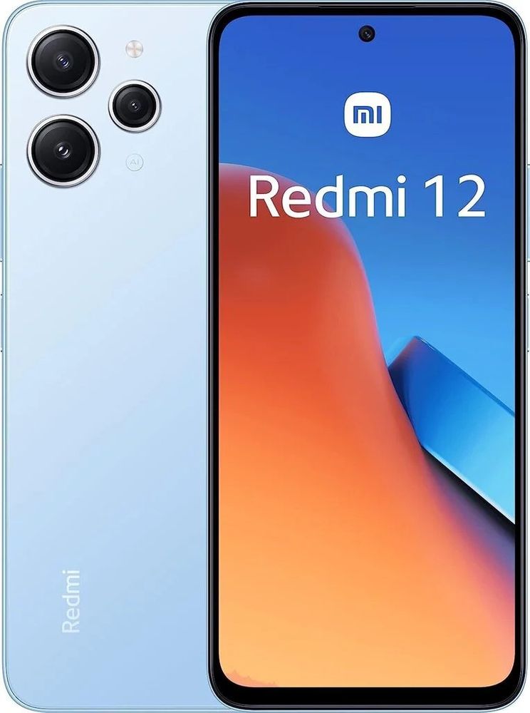 Nutitelefon Xiaomi Redmi 12, 8+256GB, kahetooniline sinine korpus, kahe tagakaamera süsteem, esiküljel kaubamärgi logo ja sisseehitatud esikaamera.